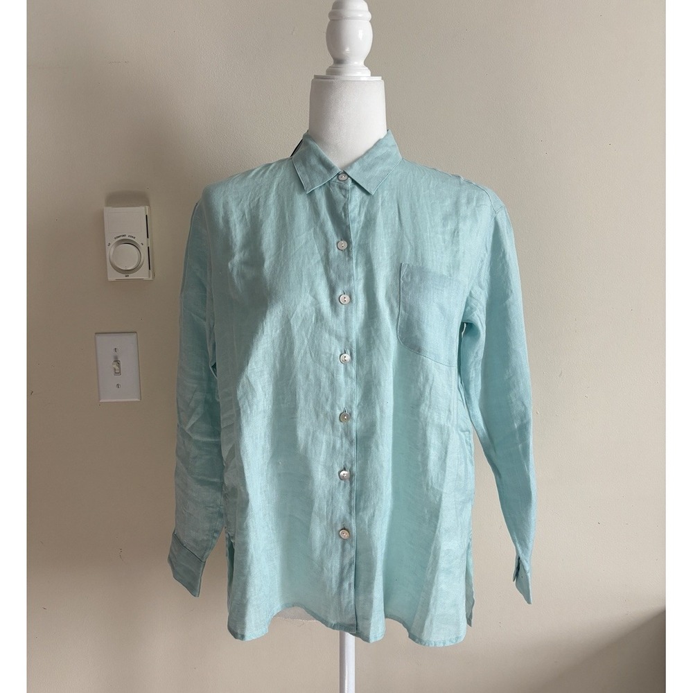 NWT J Jill Love‎ Linen Womens XS Petite Button Up Shirt Aqua Blue Beach Coastal
